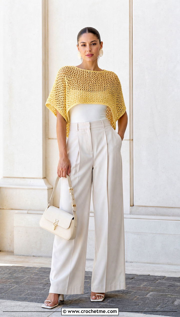 Cropped Mesh Crochet Poncho With Wide Leg Trousers - 25 Mesh Crochet Poncho outfit ideas
