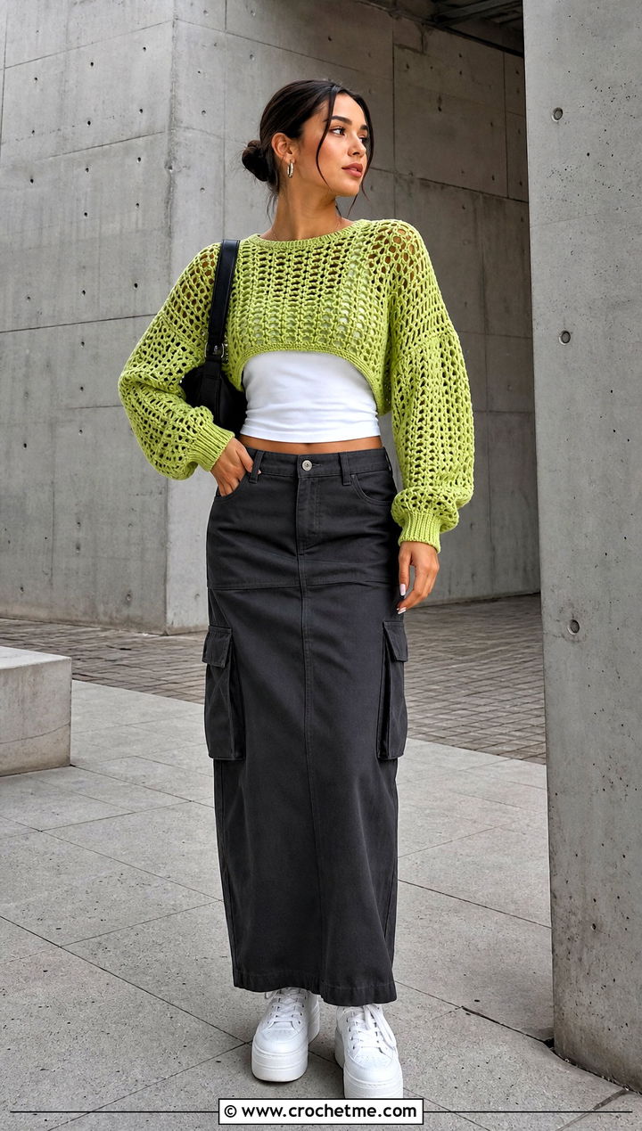 Cropped Mesh Crochet Puff Sleeve Sweater With Cargo Maxi Skirt - 25 Crochet Puff Sleeve Sweater outfit ideas