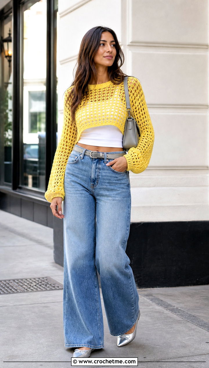 Cropped Mesh Crochet Pullover With Wide Leg Jeans - 25 women crochet pullover outfit ideas