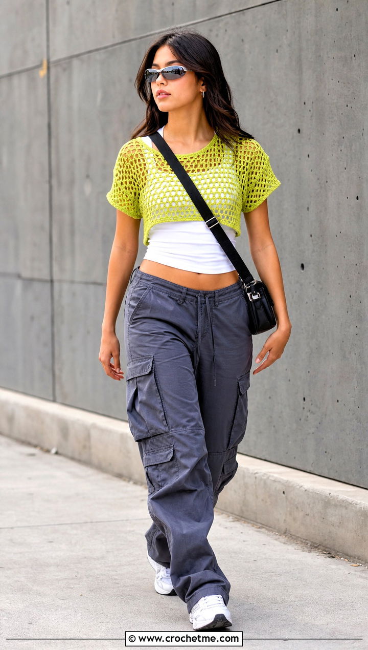 Cropped Mesh Crochet Short Sleeve Sweater With Cargo Pants - 25 Crochet Short Sleeve Sweater outfit ideas