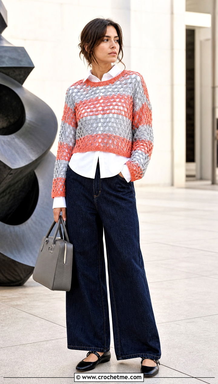 Cropped Mesh Crochet Sweater With Button Down Shirt And Jeans - 15 Orange And Gray Crochet Sweater outfit ideas