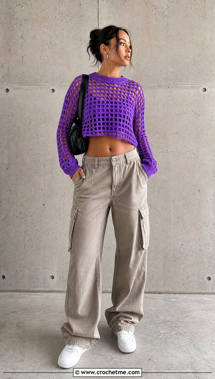 Cropped Mesh Crochet Sweater With Cargo Pants - 25 90s crochet sweater outfit ideas