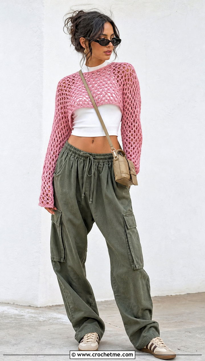 Cropped Mesh Crochet Sweater With Cargo Pants - 25 Boho Crochet Sweater outfit ideas