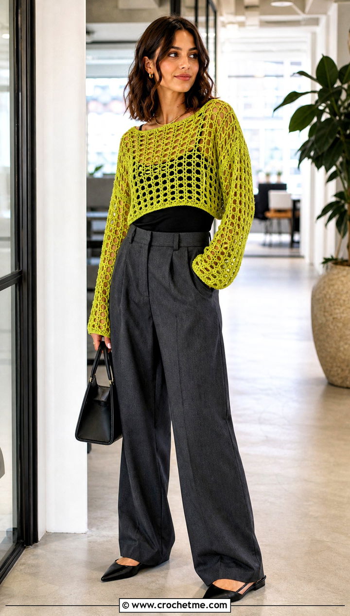 Cropped Mesh Crochet Sweater With Wide Leg Trousers - 15 Simple Crochet Sweater Design outfit ideas