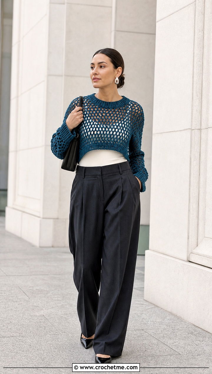 Cropped Mesh Crochet Sweater With Wide Leg Trousers - 20 Crochet Ladies Sweater outfit ideas