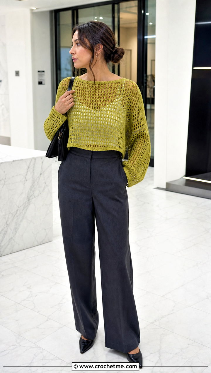 Cropped Mesh Crochet Sweater With Wide Leg Trousers - 25 Womens Crochet Sweater outfit ideas