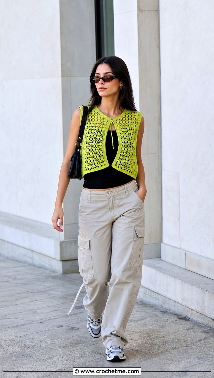 Cropped Mesh Crochet Waistcoat With Cargo Pants - 15 easy crochet waistcoat outfit ideas