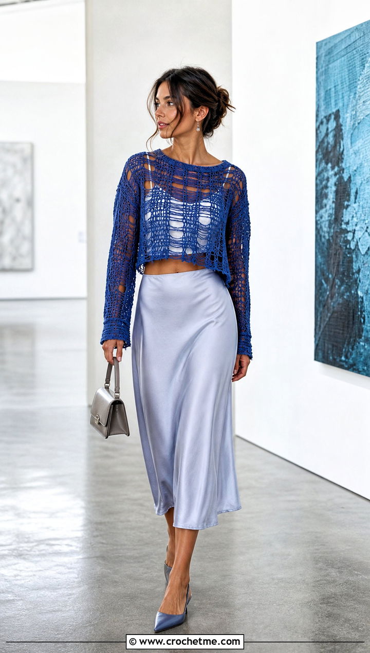 Cropped Mesh Distressed Crochet Sweater With Satin Skirt - 35 distressed crochet sweater outfit ideas