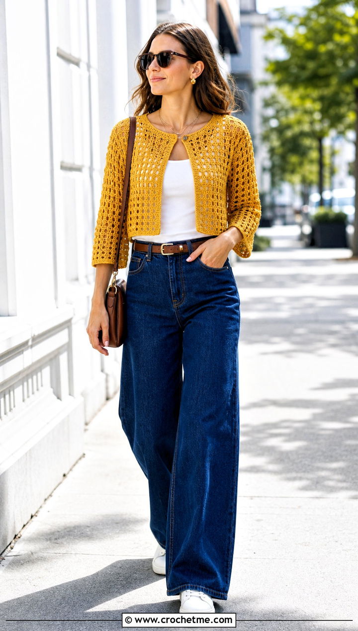 Cropped Mesh Gold Crochet Cardigan With Wide Leg Jeans - 15 gold crochet cardigan outfit ideas
