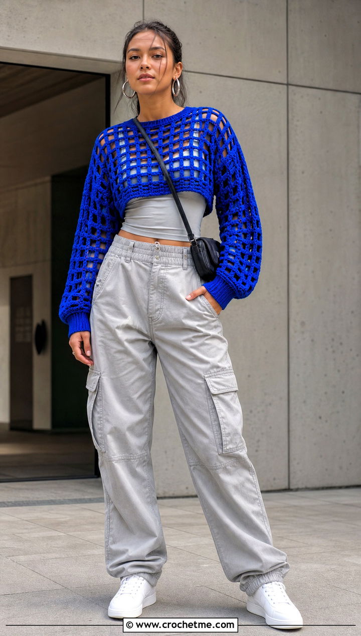 Cropped Mesh Grid Crochet Sweater With Cargo Pants - 15 Grid Crochet Sweater outfit ideas