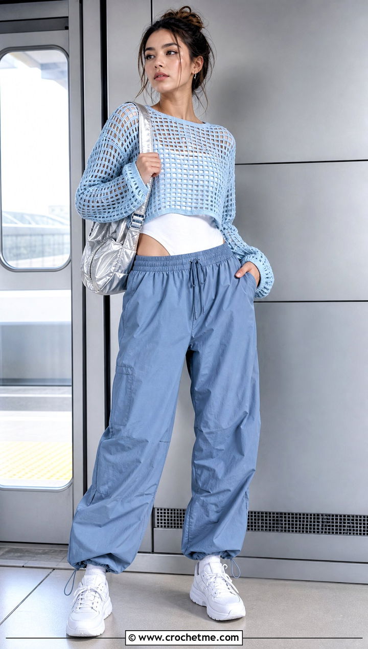 Cropped Mesh Grid Crochet Sweater With Parachute Pants - 15 grid crochet sweater design outfit ideas