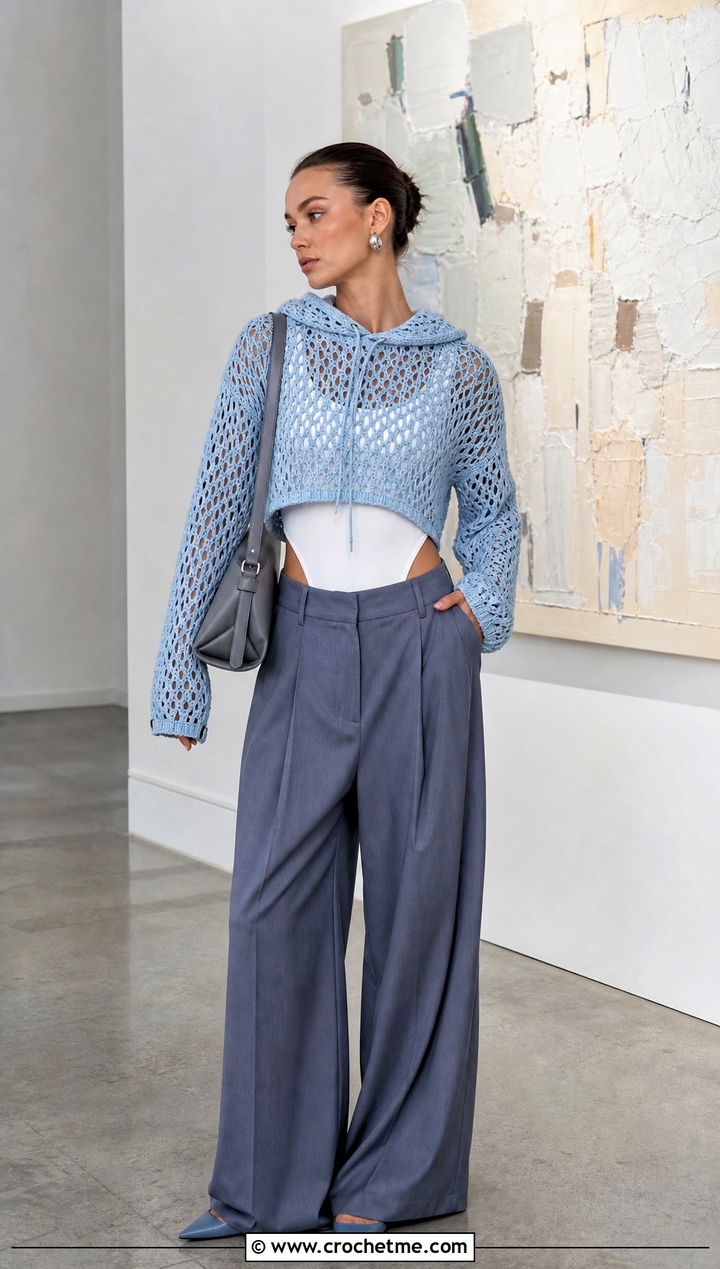 Cropped Mesh Hooded Crochet Sweater With Wide Leg Trousers - 25 Hooded Crochet Sweater outfit ideas