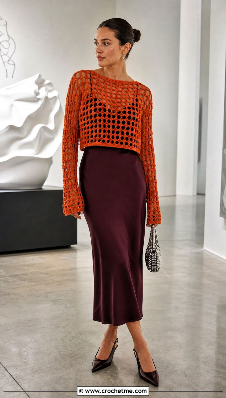Cropped Mesh Orange Crochet Sweater With Satin Midi Skirt - 15 orange crochet sweater design outfit ideas