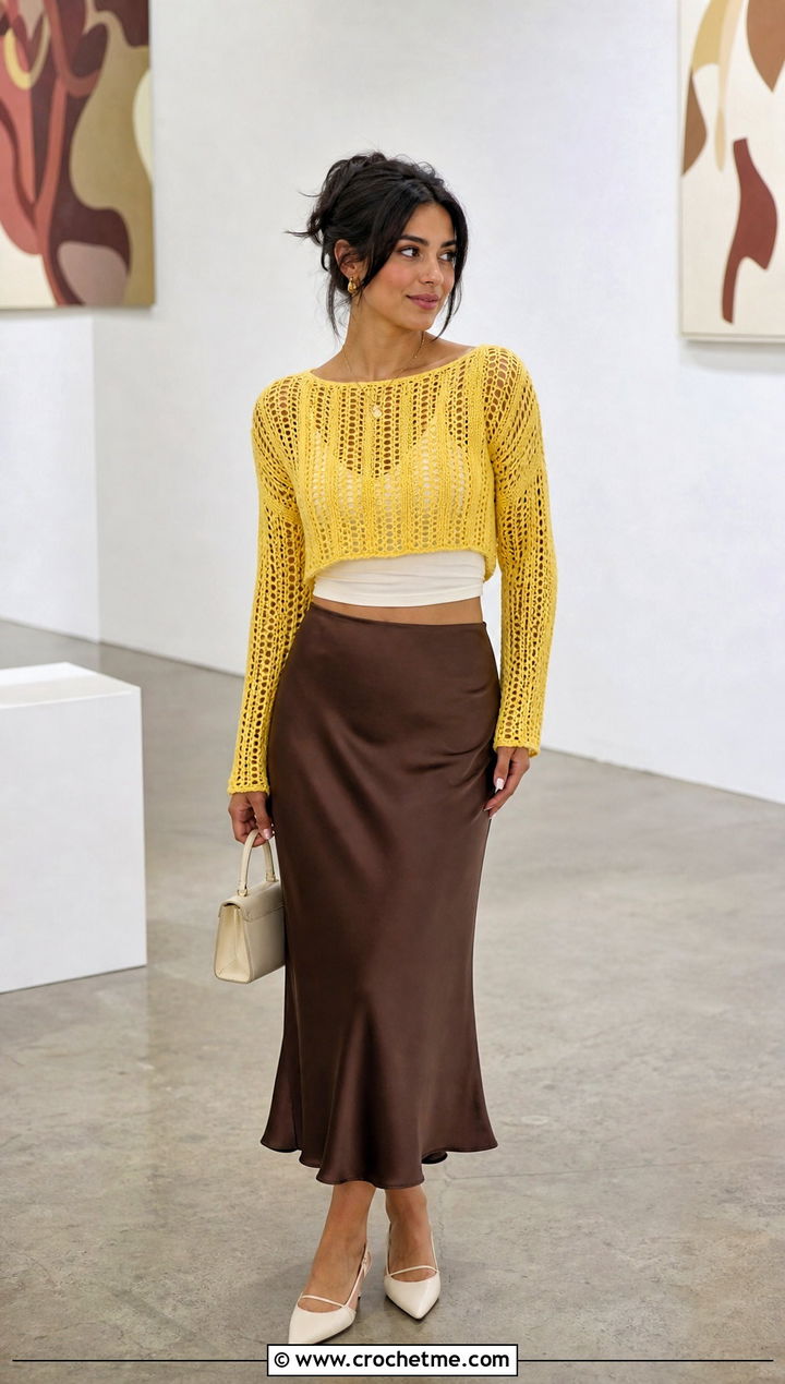 Cropped Mesh Pixie Crochet Sweater With Satin Midi Skirt - 20 Pixie Crochet Sweater outfit ideas