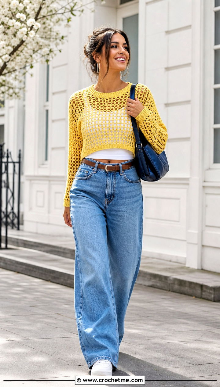 Cropped Mesh Round Neck Crochet Sweater With Wide Leg Jeans - 15 crochet round sweater outfit ideas