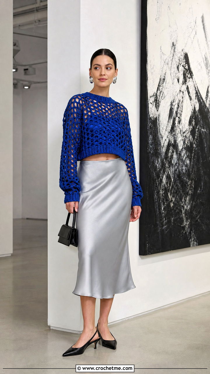 Cropped Mesh Stitch Chunky Crochet Jumper With Satin Midi Skirt - 35 chunky crochet jumper outfit ideas