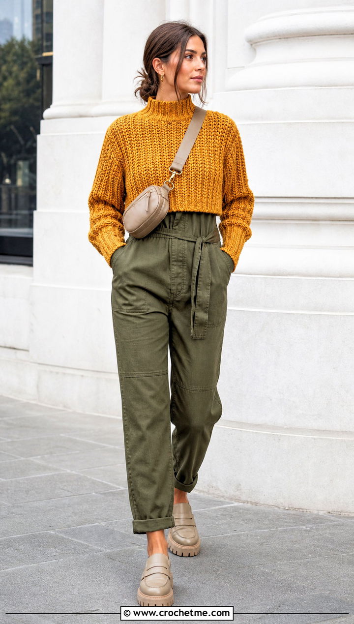 Cropped Mock Neck Alpine Stitch Sweater Over A Jumpsuit - 25 crochet alpine stitch sweater outfit ideas