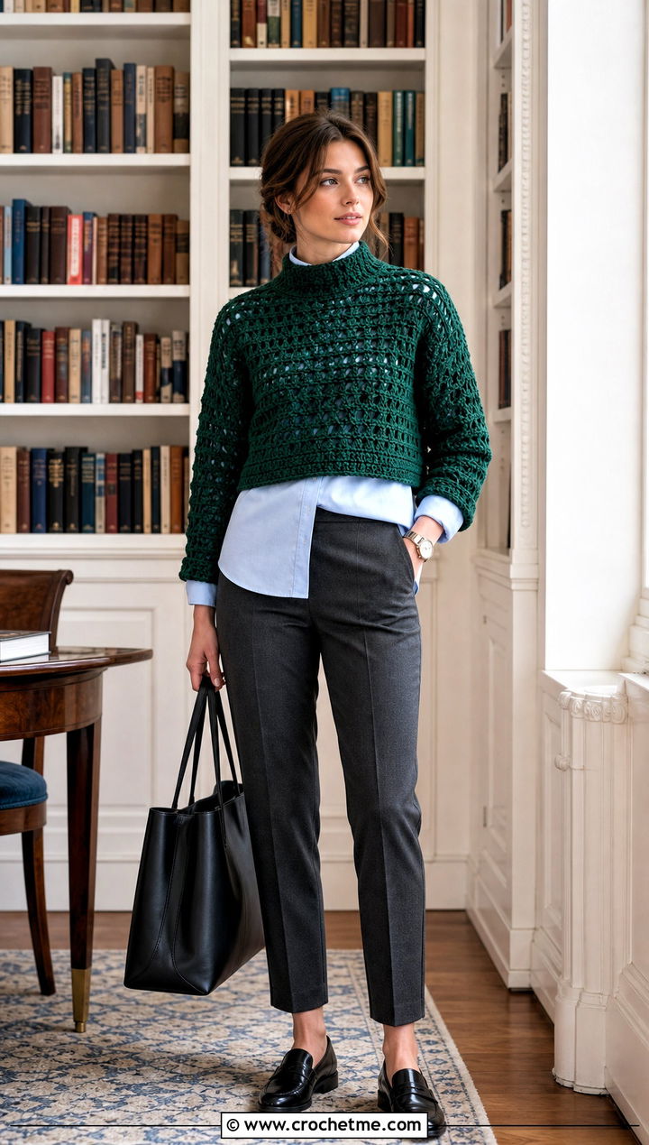 Cropped Mock Neck Crochet Sweater With Button Down Shirt - 35 high neck crochet top outfit ideas