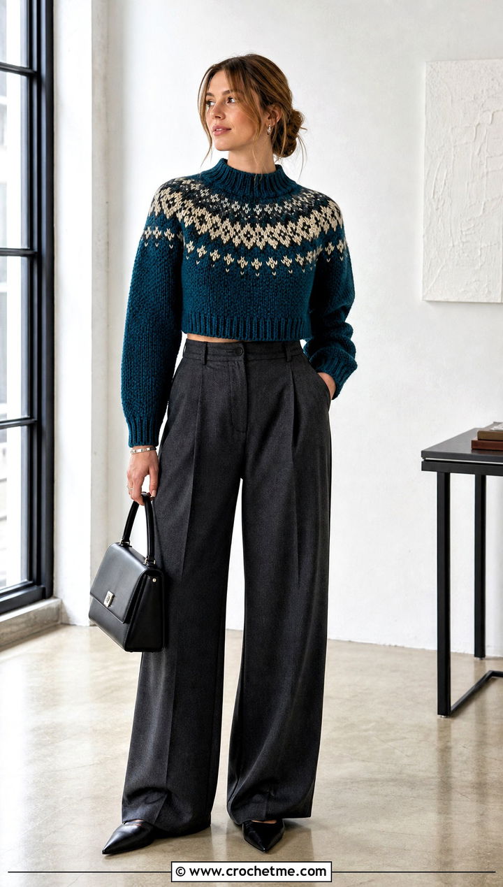 Cropped Mock Neck Fair Isle Crochet Sweater With Wide Leg Trousers - 25 fair isle crochet sweater outfit ideas