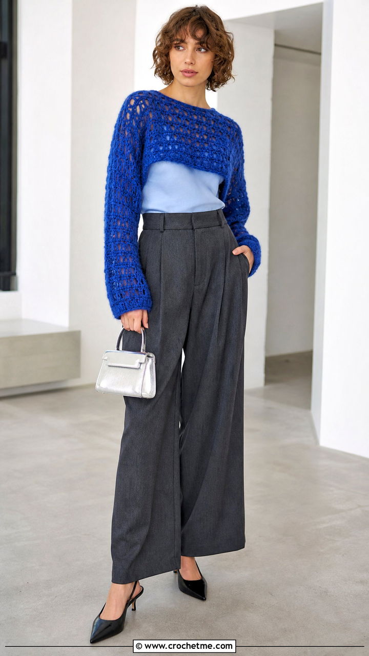 Cropped Mohair Crochet Sweater With Wide Leg Trousers - 35 mohair crochet sweater outfit ideas