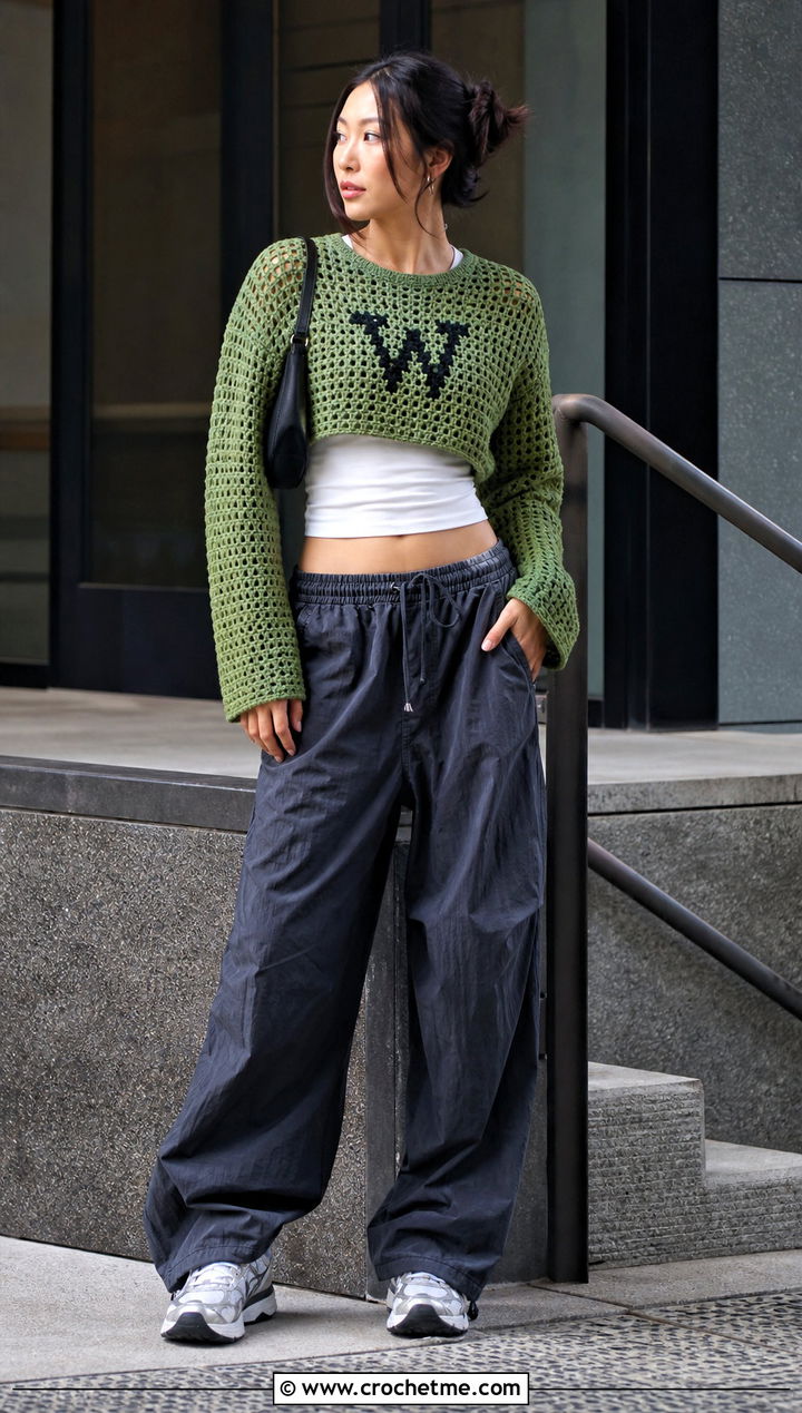 Cropped Monogram Crochet Weasley Sweater With Parachute Pants - 35 crochet weasley sweater outfit ideas