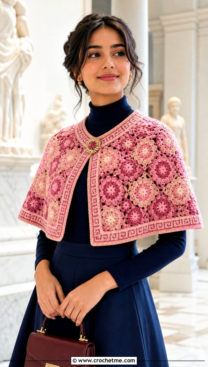Cropped Mosaic Crochet Shoulder Shawl With A Line Skirt - 30 mosaic crochet shawl outfit ideas