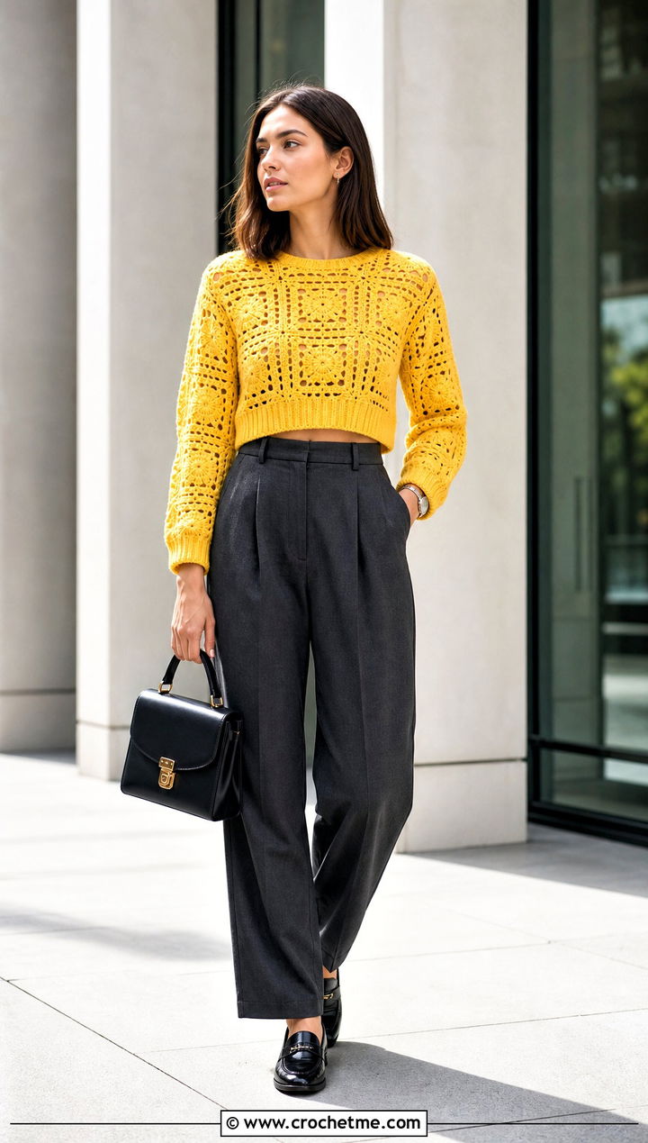 Cropped Mosaic Crochet Sweater With Tailored Trousers - 25 Mosaic Crochet Sweater outfit ideas