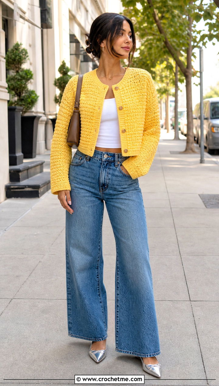 Cropped Moss Stitch Cardigan With Wide Leg Jeans - 30 crochet moss stitch cardigan outfit ideas