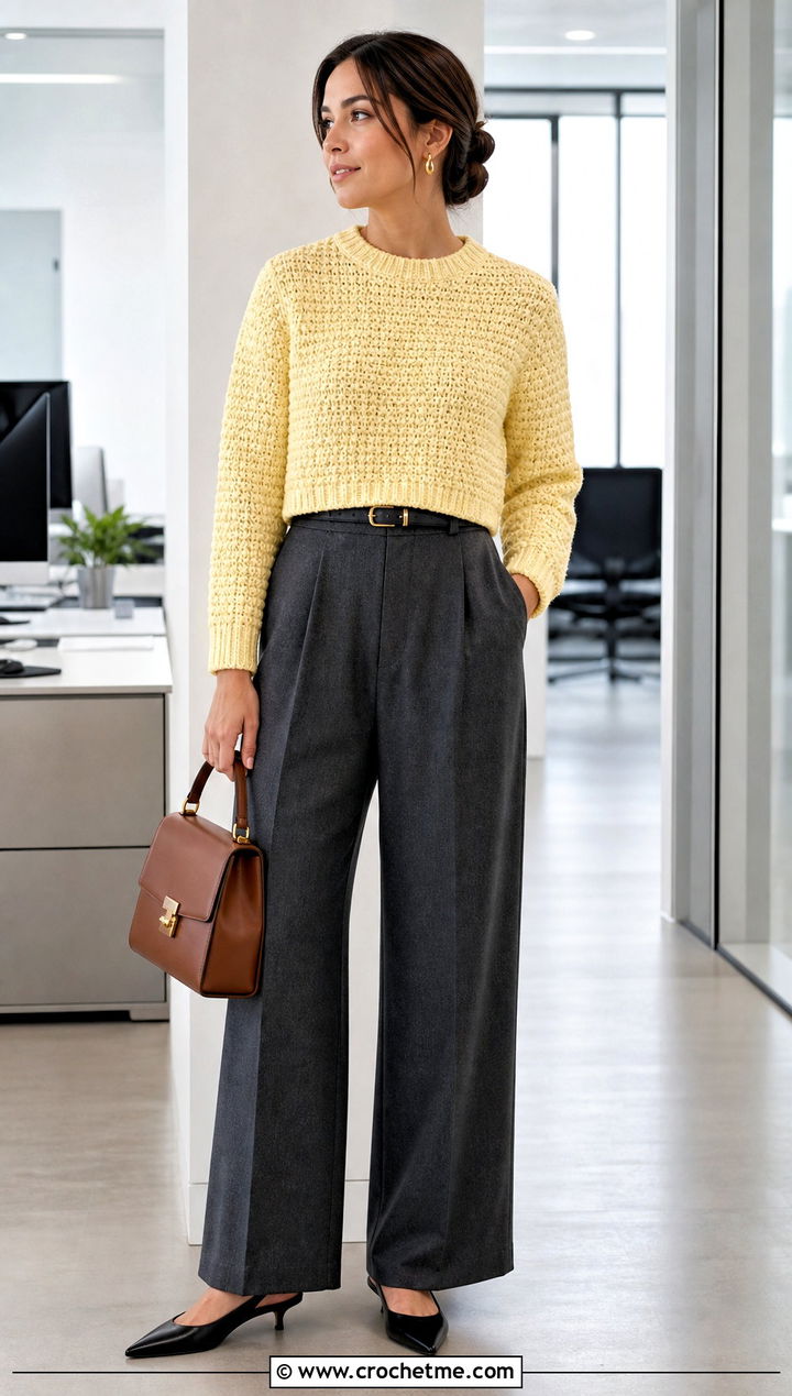 Cropped Moss Stitch Crochet Sweater With Wide Leg Trousers - 25 Moss Stitch Crochet Sweater outfit ideas