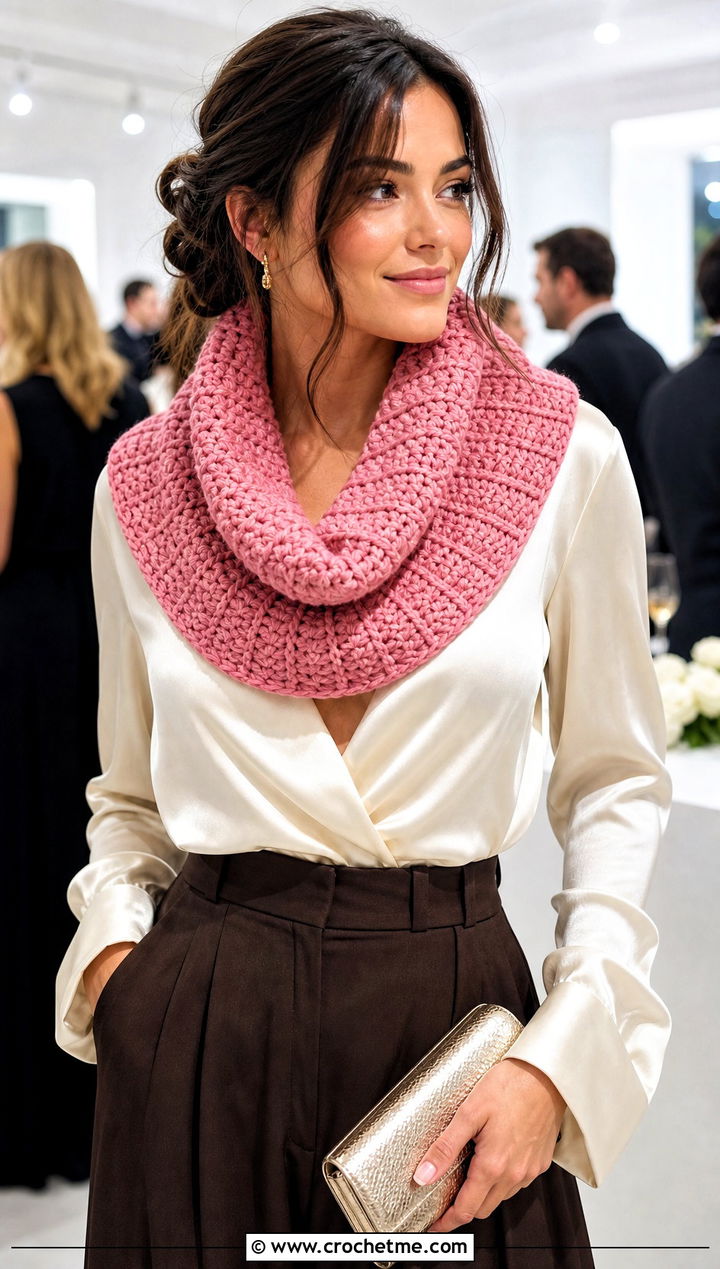 Cropped Natsu Cowl Scarf With Satin Party Outfit - 15 Crochet Natsu Scarf outfit ideas