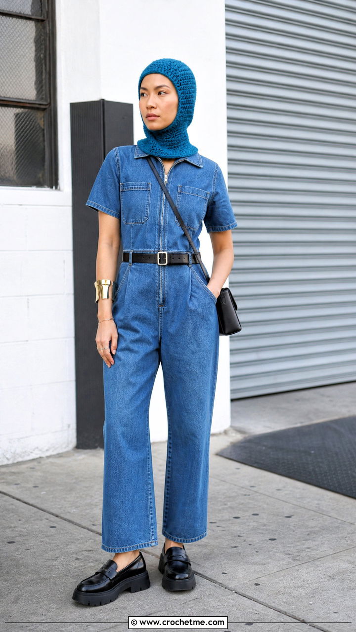 Cropped Neck Balaclava With Denim Jumpsuit - 35 crochet baclava hat outfit ideas