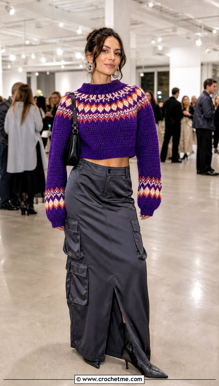 Cropped Norwegian Crochet Sweater With Satin Cargo Skirt - 20 Norwegian Crochet Sweater outfit ideas