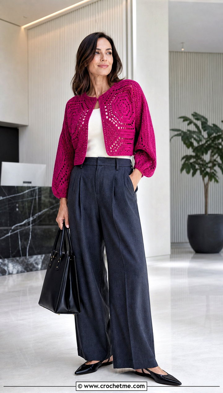 Cropped Octagon Crochet Cardigan With Wide Leg Trousers - 25 Octagon Crochet Cardigan outfit ideas