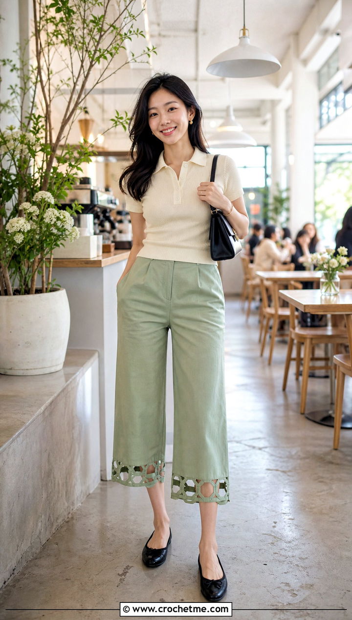 Cropped Octagon Pants With Polo Knit - 15 Crochet Octagon Pants outfit ideas