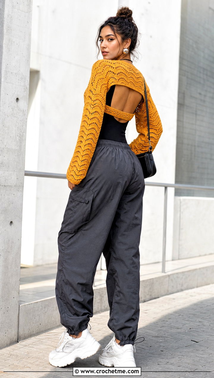 Cropped Open Back Crochet Wave Sweater With Parachute Pants - 30 crochet wave sweater outfit ideas
