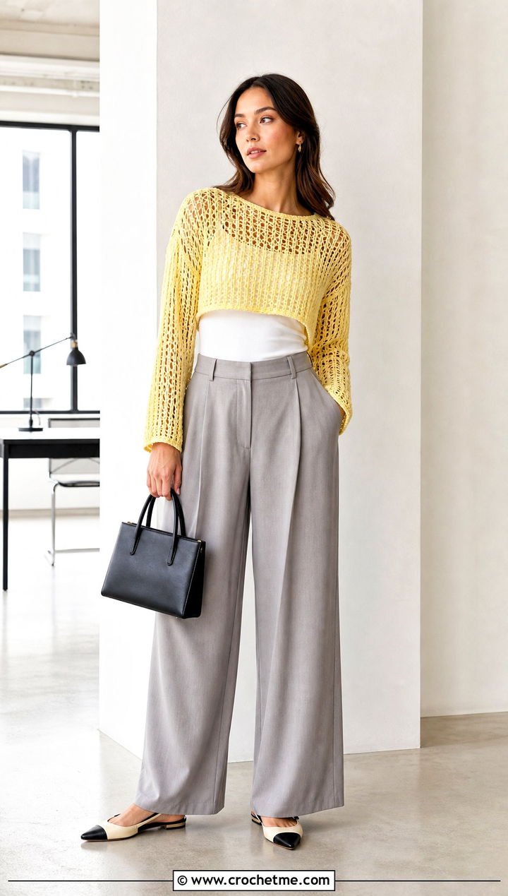 Cropped Open Knit Mcdreamy Crochet Sweater With Wide Leg Trousers - 15 Mcdreamy Crochet Sweater outfit ideas