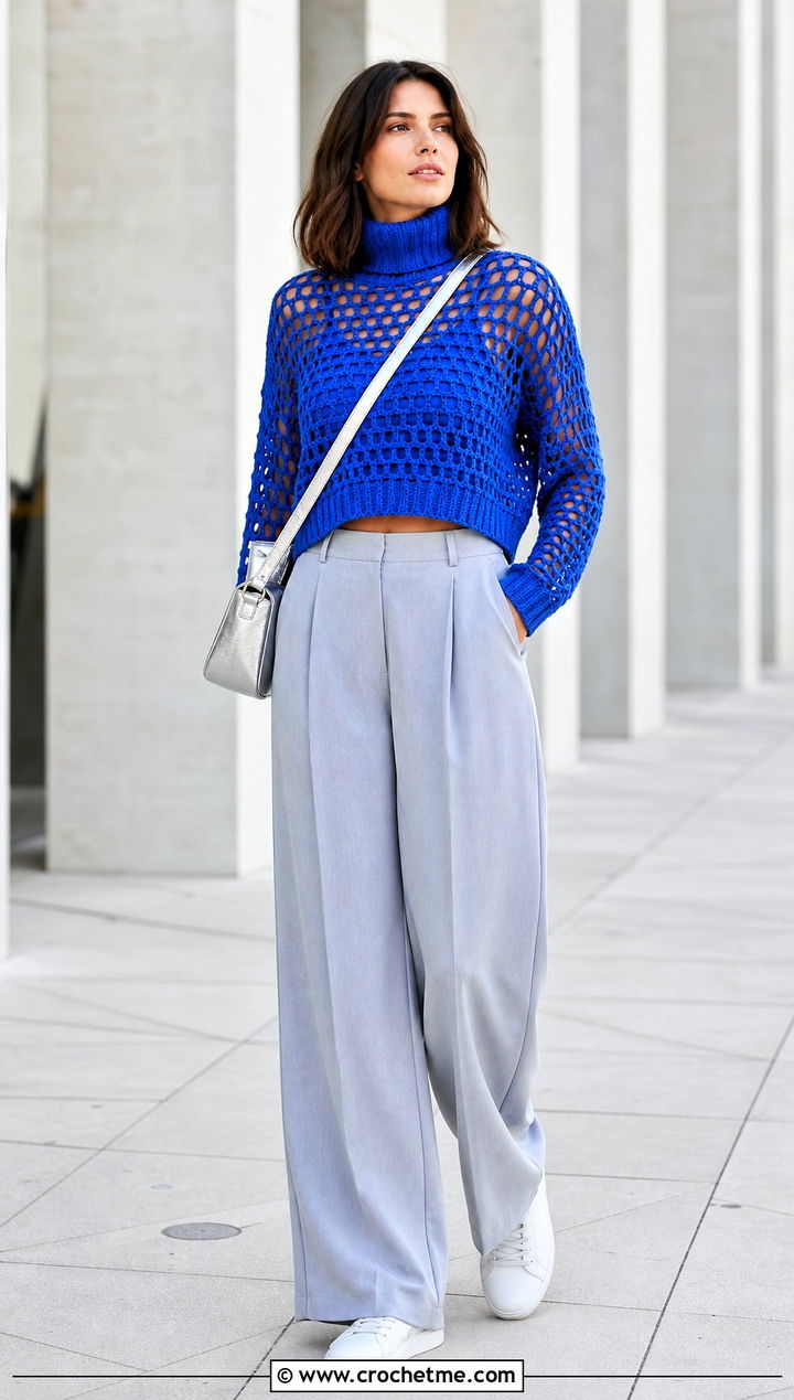 Cropped Open Stitch Crochet Turtle Neck Sweater With Wide Leg Pants - 35 crochet turtle neck sweater outfit ideas