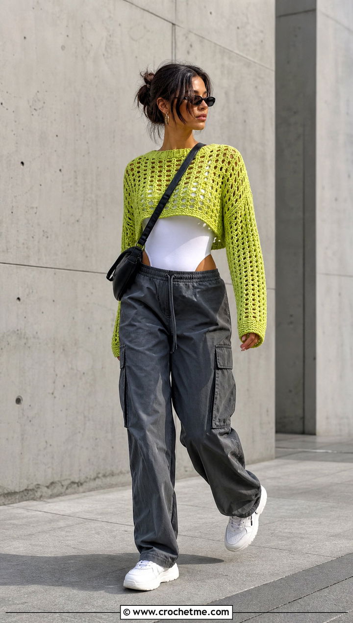 Cropped Open Weave Crochet Sweater With Cargo Pants - 15 Open Knit Crochet Sweater outfit ideas