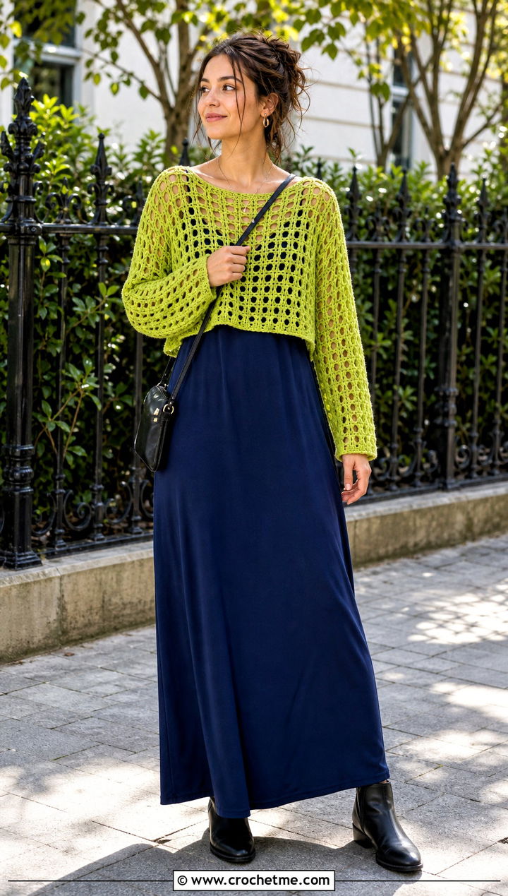 Cropped Open Weave Crochet Sweater With Maxi Dress - 15 old navy crochet sweater outfit ideas