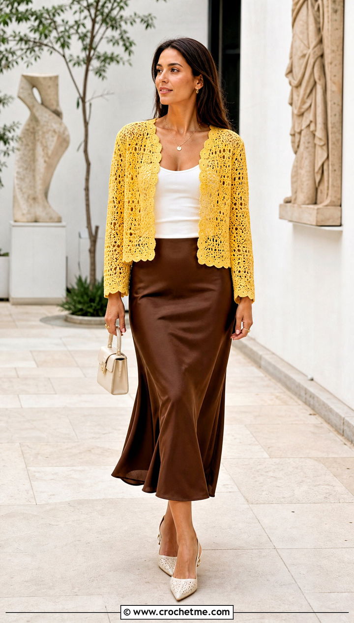 Cropped Openwork Crochet Cardigan With Satin Midi Skirt - 15 classic crochet cardigan outfit ideas