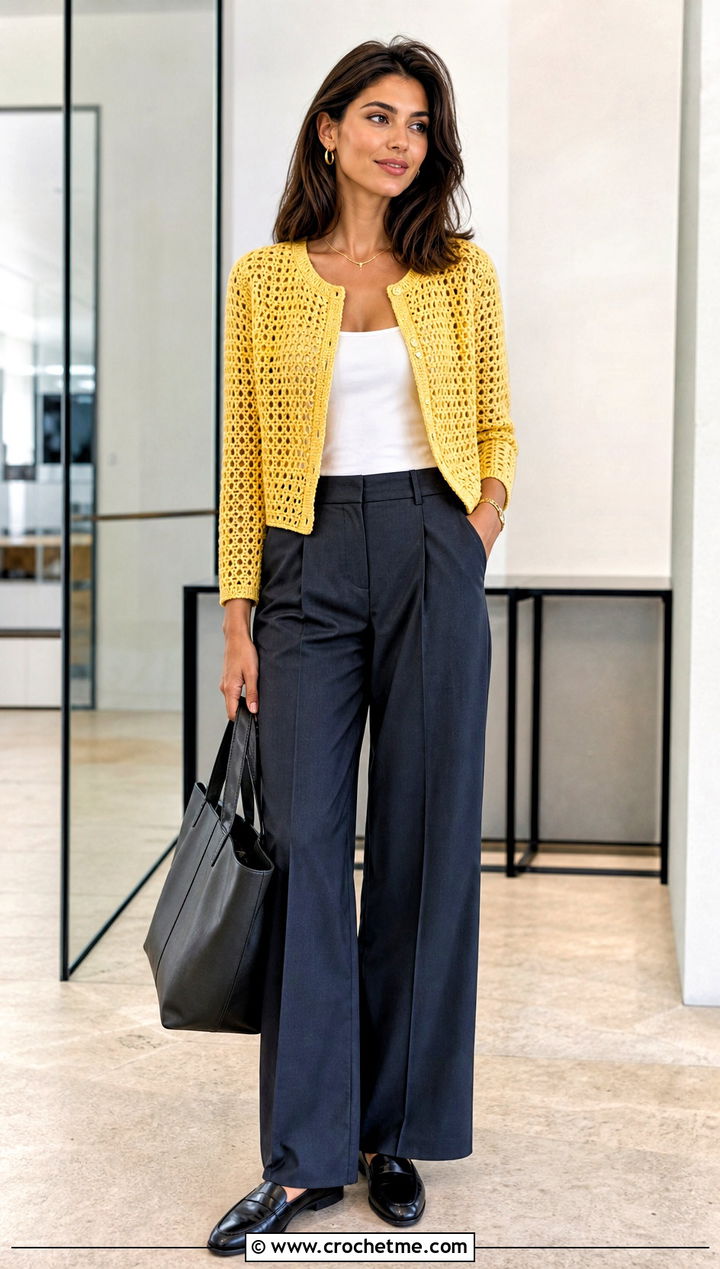 Cropped Openwork Crochet Cardigan With Tailored Trousers - 15 trendy crochet cardigan outfit ideas