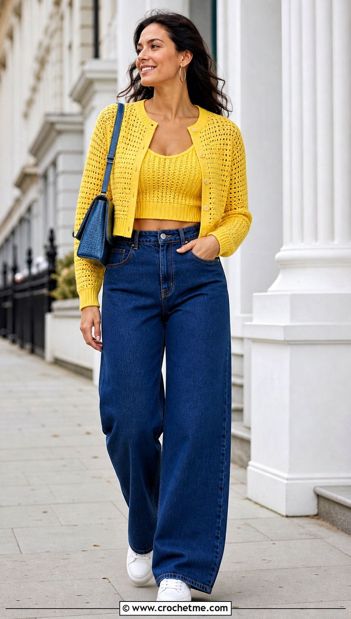 Cropped Openwork Crochet Cashmere Sweater With Wide Leg Jeans - 30 crochet cashmere sweater outfit ideas