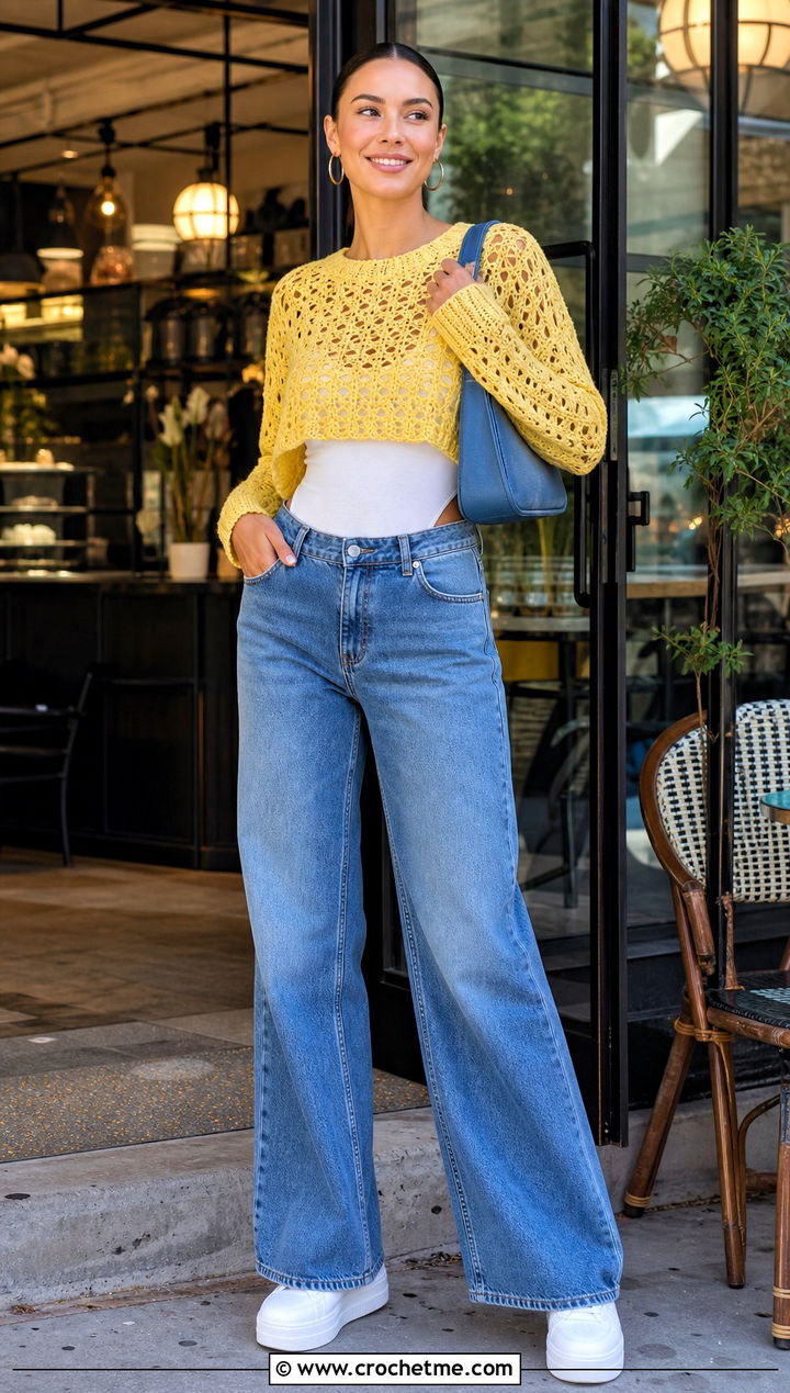 Cropped Openwork Lace Crochet Sweater With Wide Leg Jeans - 25 lace crochet sweater outfit ideas