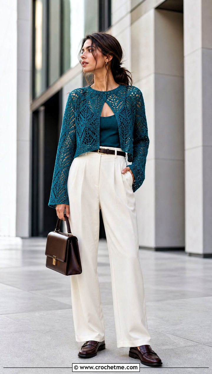 Cropped Openwork Leaf Sweater With Tailored Trousers - 25 crochet leaf sweater outfit ideas