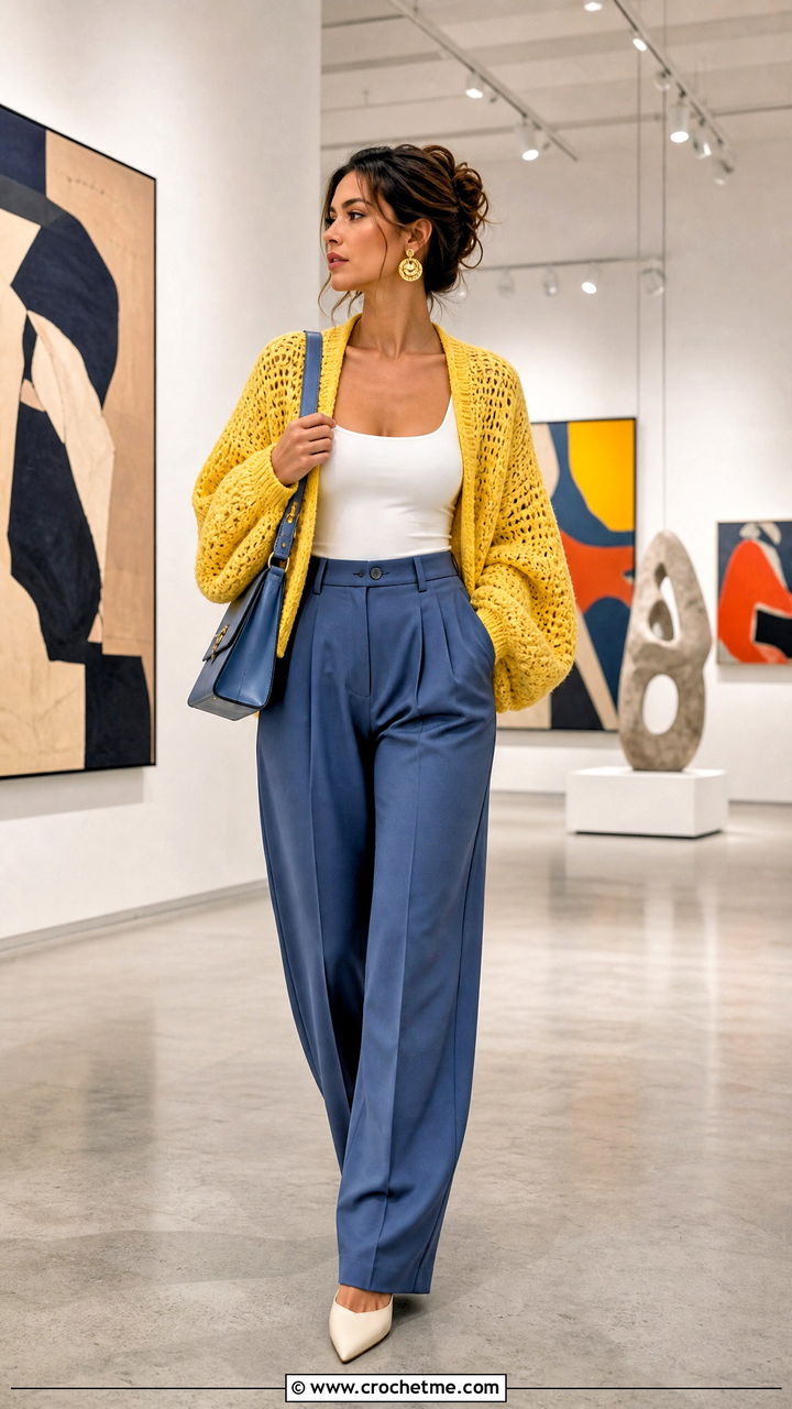 Cropped Oversized Crochet Cardigan With High Rise Trousers - 35 oversized crochet cardigan outfit ideas