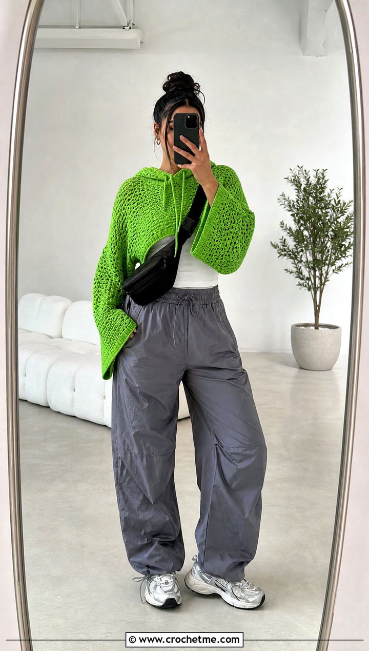 Cropped Oversized Crochet Hoodie With Parachute Pants - 20 oversized crochet hoodie outfit ideas