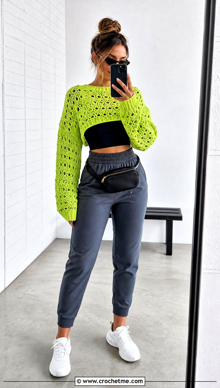 Cropped Oversized Crochet Jumper With High Waisted Joggers - 25 oversized crochet jumper outfit ideas