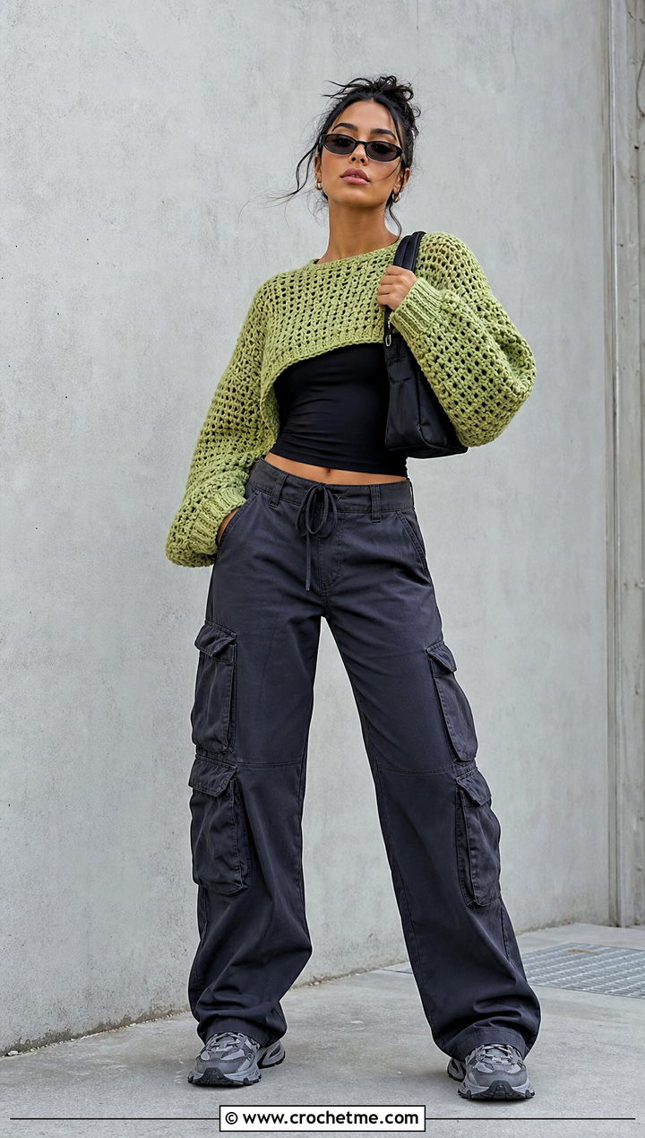 Cropped Oversized Crochet Sweater With Cargo Pants - 30 loose crochet sweater outfit ideas