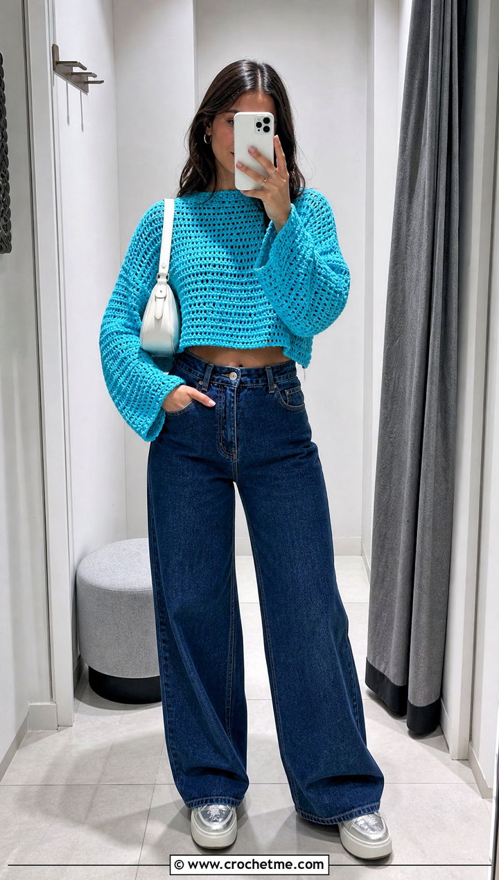 Cropped Oversized Crochet Sweater With High Waisted Jeans - 15 Oversized Crochet Sweaters outfit ideas