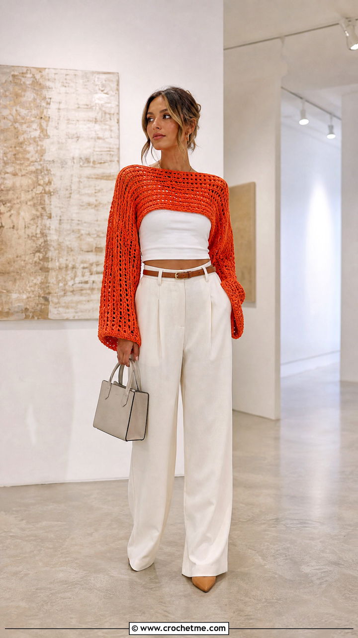 Cropped Oversized Crochet Sweater With High Waisted Trousers - 35 oversized crochet sweater outfit ideas